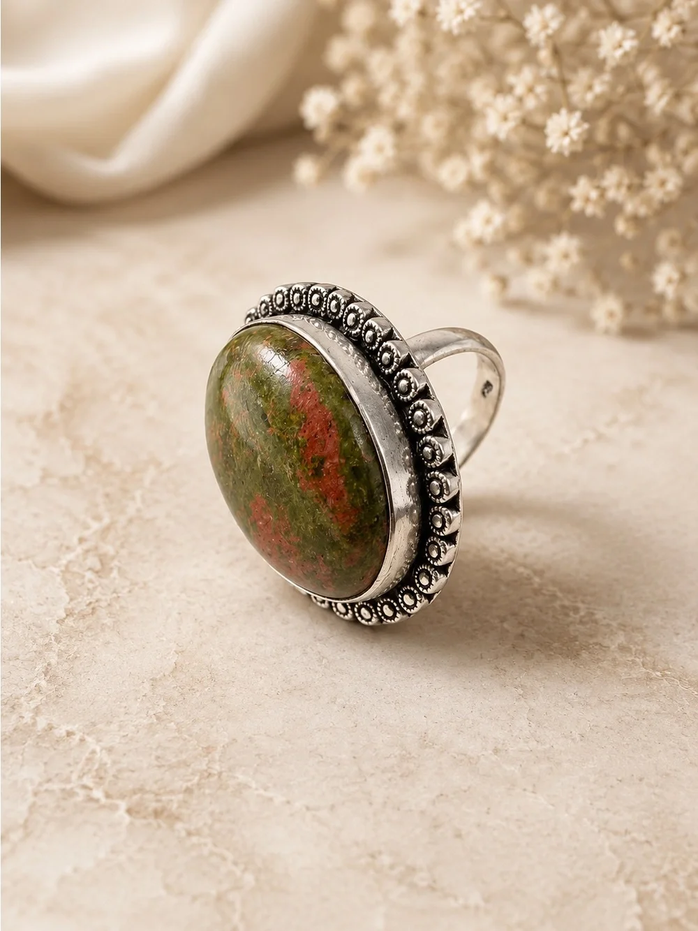 925 Sterling Silver Large Oval Green Natural Stone Cabochon Statement Ring
